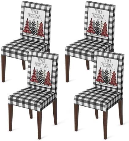 Horaldaily 4PCS Christmas Dining Chair Covers, Black Buffalo Plaid Trees Stretch Removable Washable Slipcover Chair Protector for Dining Room Home Decor