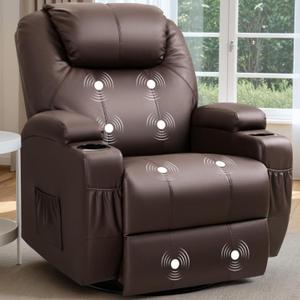 Recliner Chair, 360 Swivel Rocker Chair for Adults, Rocking Recliner Chair with Massage, Comfy Single Sofa with Side Pockets Cup Holders for Living Room, Bedroom, Nursery (Leather, Dark Brown)