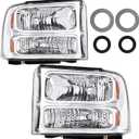 Headlight Assembly Compatible with 2005-2007 2005 2006 2007 05 06 07 Ford F250 F350 F450 F550 Super Duty/2005 Ford Excursion (Chrome Housing Amber Reflector) (OEM)