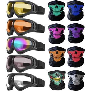 Peicees 13PCS Motorcycle Set, 5 Dirt Bike Ski Goggles UV Protection Dustproof Windproof Safety Glasses with 8 Skull Face Mask