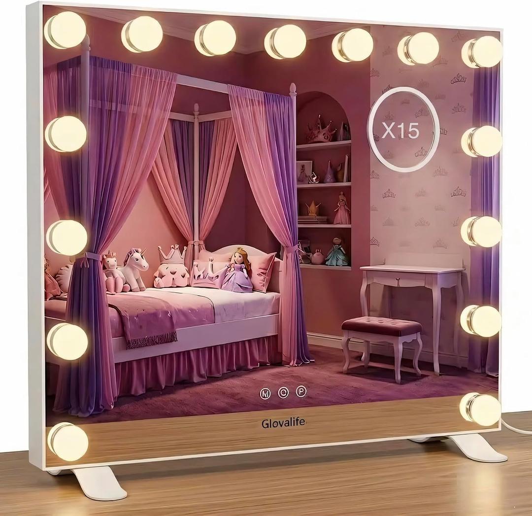 Vanity Mirror with Lights, Large Hollywood Lighted Mirror, LED Bulbs with 3 Colors Lighting, USB & USB C Charging Port, Touch Control, Glass Tempered, White 22.8" X 18.1"