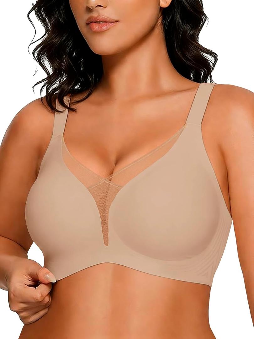 COCOMARTS Jelly Bras for Women No Underwire Push Up Deep V Mesh Comfort T Shirt Bralette Wireless Seamless Everyday Bra (Medium, Nude)