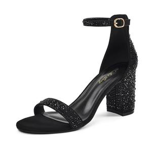 Elisabet Tang Women's Chunky Block Heels Round Open Toe Ankle Strap 3.14 Inch Heeled Sandals, Party Prom Wedding Dress Shoes, Black Rhinestone US 10