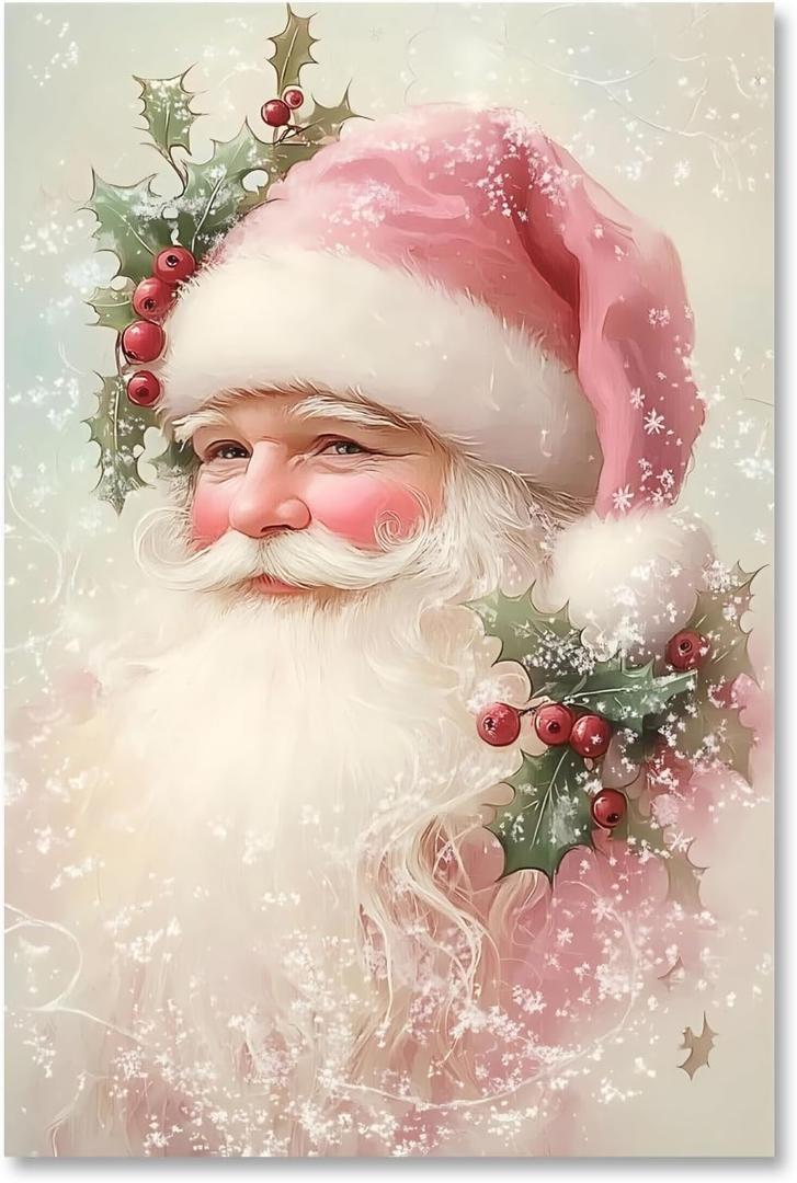 Yermidi Pink Vintage Santa Claus Christmas Wall Art Retro Holiday Canvas Print Festive Santa Artwork Poster Farmhouse Christmas Pictures Wall Decor for Living Room Fireplace 16x24inch Unframed