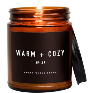 Sweet Water Decor Warm and Cozy Candle | Pine, Orange, Cinnamon, and Fir Balsam Winter Scented Soy Candles for Home | 9oz Amber Jar with Black Lid, 40 Hour Burn Time, Made in The USA