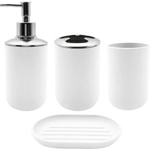 Bathroom Accessory Set, 4 pcs Shatter-Resistant Resin Bathroom Accessories Set Include Lotion Soap Dispenser Toothbrush Holder Soap Dish Modern Bathroom Decor, Gift for Home (White 4pcs)