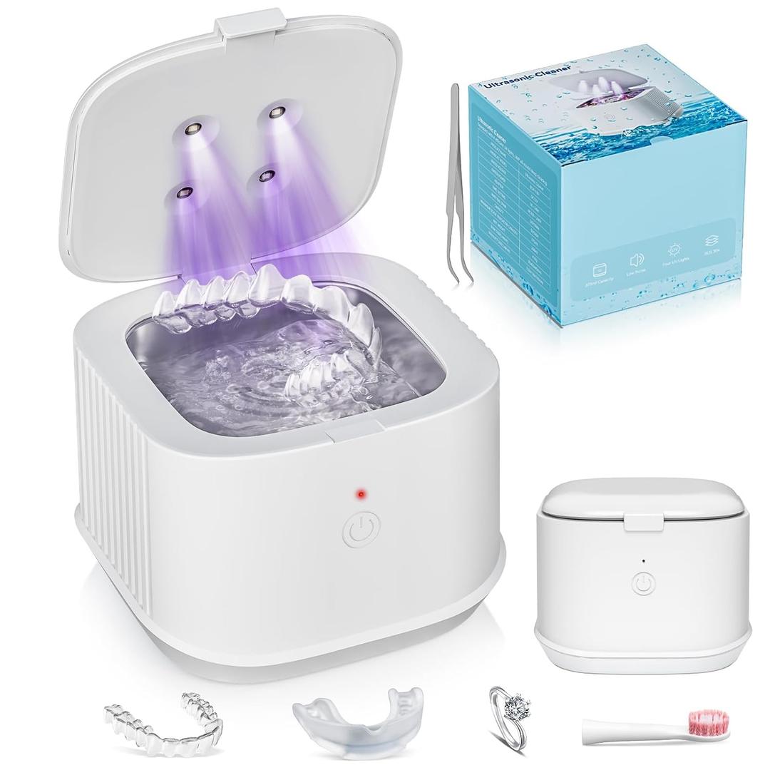 Ultrasonic Retainer Cleaner,50kHz Ultrasonic Denture Cleaner Machine for Aligner, Night guard, Braces, Jewelry and More 300ML Pod(White)