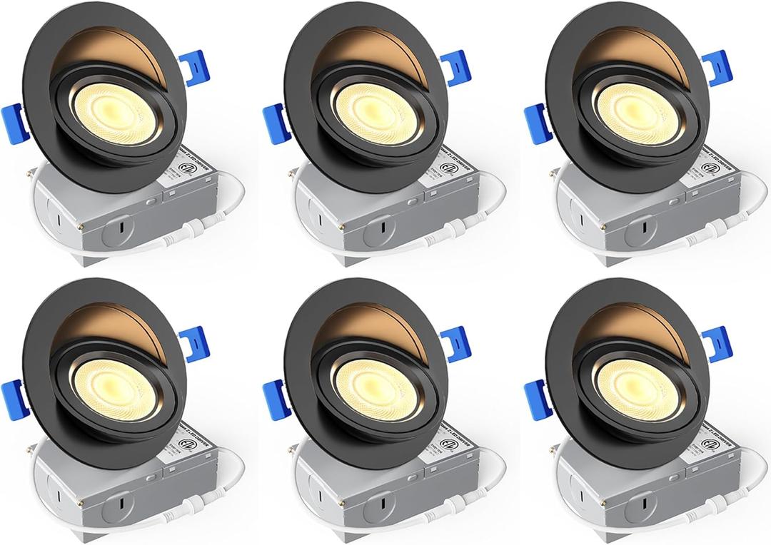 Ensenior 6 Pack 4 inch 5CCT LED Gimbal Led Recessed Light with Junction Box, 360+90 Adjustable Directional Lighting, Dimmable, CRI90+, 2700K/3000K/3500K/4000K/5000K, 900LM, 10W=85W-ETL&FCC, Black