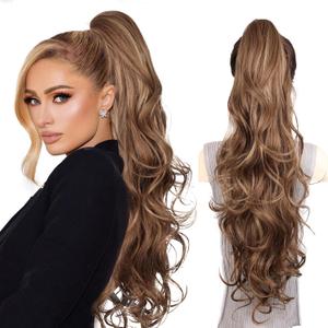 26 Inch Long Ponytail Extension - Soft Wavy Pony Tails Hair Extensions, Claw Clip Ponytail Extension, Synthetic Hair Extensions Ponytail, Clip in Ponytail (Color: Light Brown With Blonde Highlights)