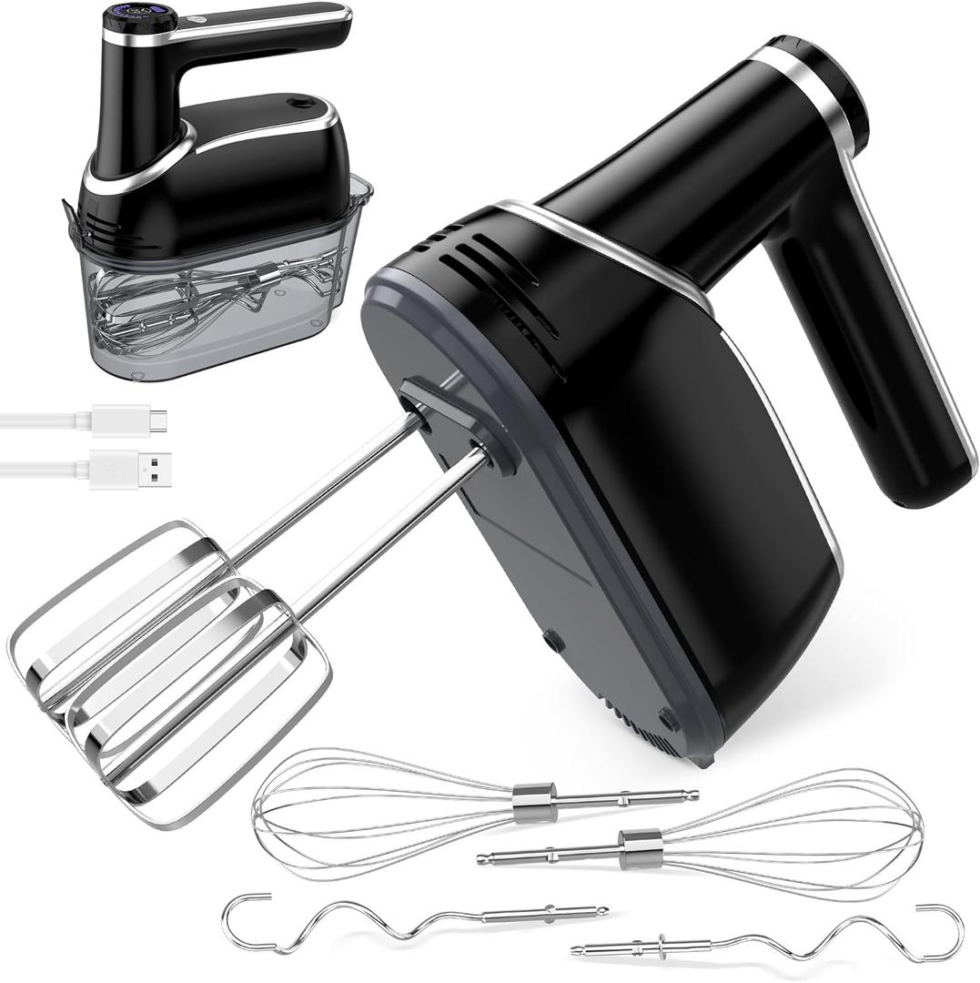binROC Cordless Electric Hand Mixer, 12-Speed Rechargeable Handheld Mixer with Eject Button, 6 Stainless Steel Attachments, Snap-On Storage Case, LED, Self-Stand for Baking, Cake, Dough, Egg (Black)