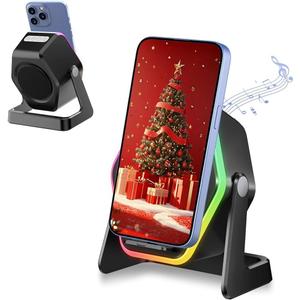 Hupoaf Wireless Induction Speaker, 5 in1 Bluetooth Phone Speaker with Mirror, Stereo Sound, RGB Ambient Light, 2600mAh, Tech Gifts for Men Women, Adjustable Phone Stand for iOS/Android, Pure Black