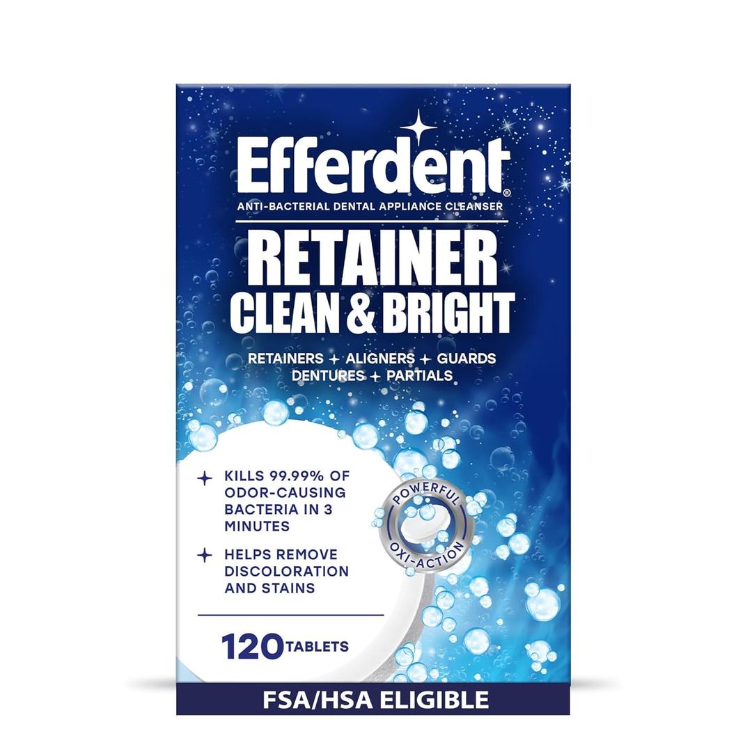 Efferdent Retainer Cleaner Tablets for Aligners, Mouth Guards & Night Guards, Clean & Bright, 120 Count, 3-Minute Daily Retainer Cleaner, Tough Stain & Odor Remover for Dental Appliances