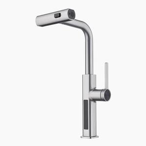 Lefton Pull-Out Waterfall Kitchen Faucet with Temperature Display in Fahrenheit, Three Water Outlet Modes, Single Hole, Brushed Nickel, KF2209-0
