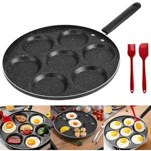Aluminum Egg Frying Pan - 7 Mold Nonstick Crepe Cooker for Breakfast Omelets With Spatula and Brush - Easy to Clean