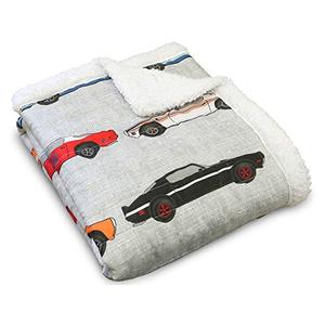 Lush Decor Cars Throw | Fuzzy Reversible Sherpa Blanket with Racing Print Design for Kids-60” x 50, Blue & Orange