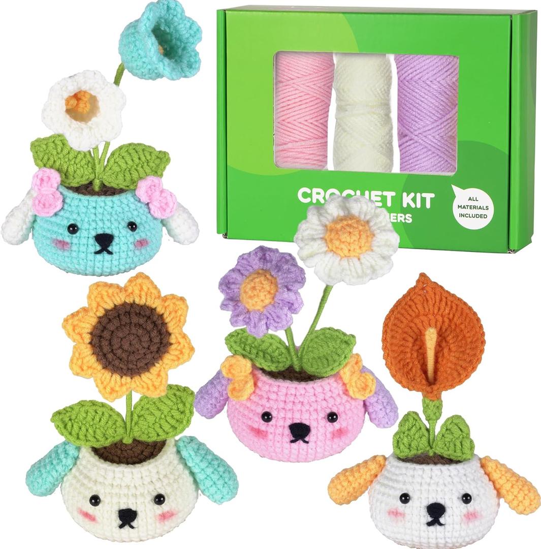 Ryhiac Beginners Crochet Kit with Step-by-Step Video Tutorials DIY Crochet Starter Kit with Crochet Hook and Yarns,4 Plant Floral Pattern for Adult Kids Gift(Rabbit Plant)