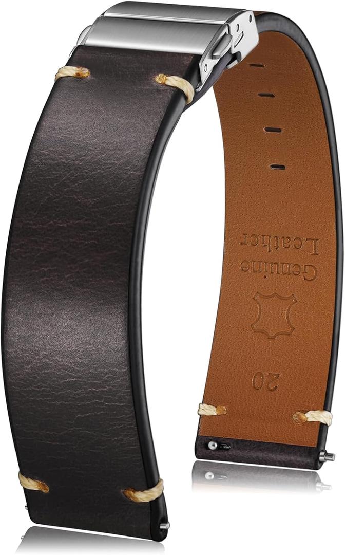 Getalia leather Watch Band Retro Oil wax Genuine Leather,18mm 19mm 20mm 21mm 22mm Quick Release Foldover Clasp Replacement Watch Straps for Men and Women (Ash Black)