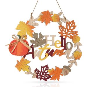 Fall Front Door Decor, 12 Inch Fall Wreaths for Front Door, 3D Wooden Fall Door Sign Hanging Pumpkin Maple Leaf Wreath with Autumn Sign for Harvest Home Farmhouse Outdoor Indoor Window Wall (Colorful)