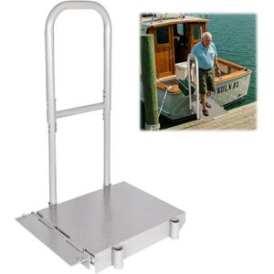Folding Boat Boarding Platform with Handrail Anti-Rust Dock Steps for Lake, 500lbs Capacity, Non-Slip Surface, Ground Lock & Bumper Strip Dock Ramp for Boats, Pontoons, Yachts