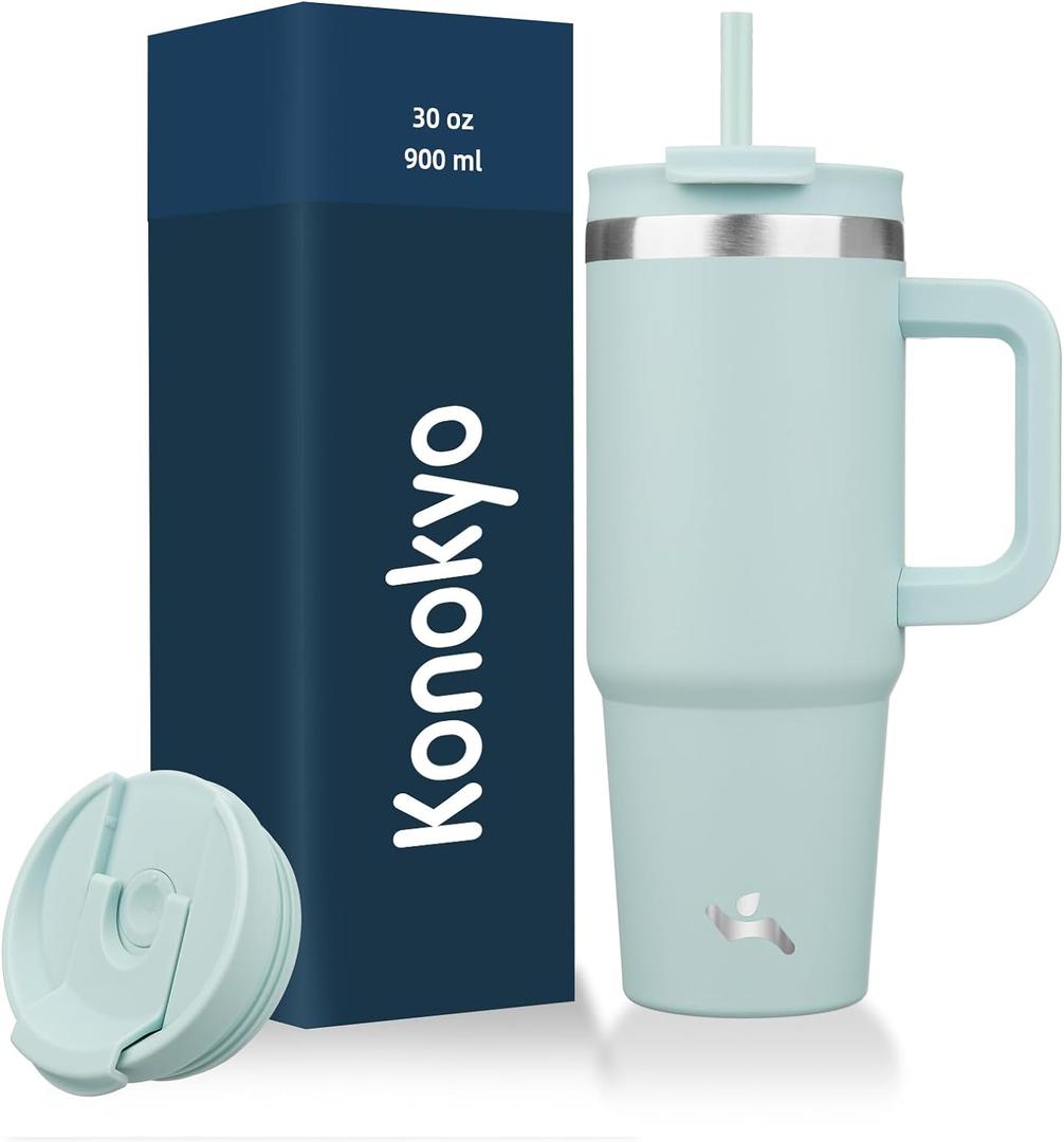 Konokyo 30 oz Tumbler with Handle and 2 Straws,2 in 1 Lid Insulated Water Bottle Stainless Steel Travel Coffee Mug,Blue Haze