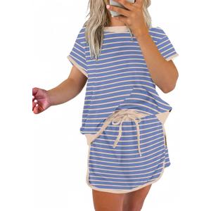 SELINK Lounge Sets for Women 2 Piece Skirt Colorblock Drop Shoulder T Shirt and Skort Set Summer Tracksuits Sky Blue Stripe-M
