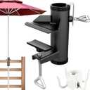 Outdoor Umbrella Clamp, Stainless Steel Deck Umbrella Mount, Adjustable Umbrella Deck Mount with Umbrella Hook Accessory Mount to Picnic Table, Bleachers, Railing (Black)