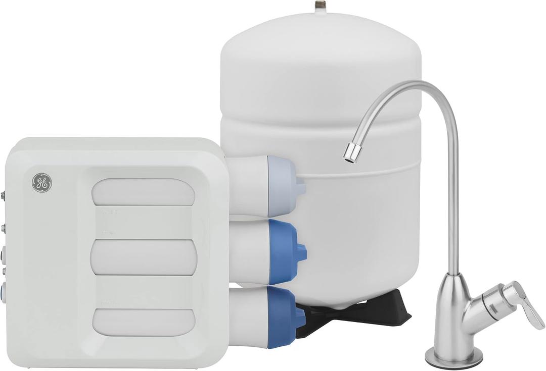 GE 3 Stage Reverse Osmosis Under Sink Water Filtration System with Faucet, Reduces Lead, Chlorine, Arsenic & More, Replace Filters (FQ18PN, FQ18MN, FQ18RT) Every 6/12 Months, GXRQ18NBN