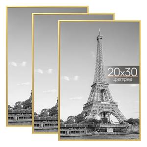 Upsimples 20x30 Picture Frame Gold 3 Pack, Scratch-Proof Poster Frames 20 x 30 for Photo Gallery - Slide-In Strips, Horizontal or Vertical Wall Mounting