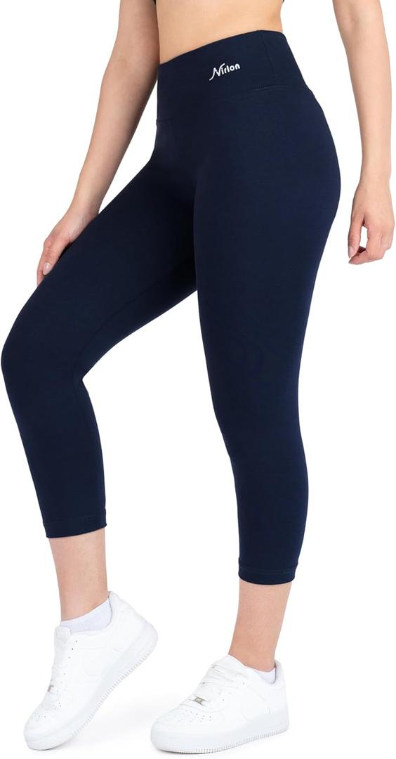 Nirlon Women's Capri Leggings High Waist Workout Yoga Pants 3/4 Length (8, Navy Blue)