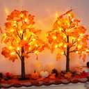 2 Pack 24 Inch Artificial Lighted Fall Maple Tree Thanksgiving Decorations with 48 LEDs Battery Operated Timer Prelit Acorn Maple Tree Lights for Thanksgiving Table Decor Home Indoor Autumn Harvest