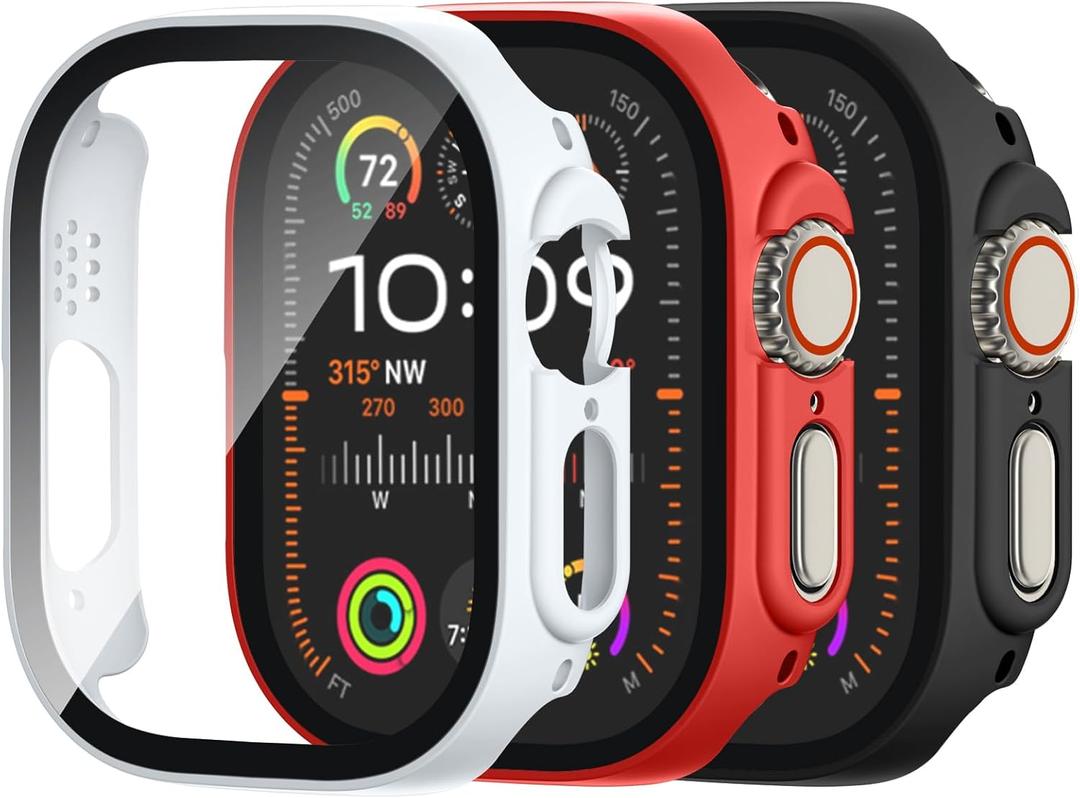 [3 Pack] Adorve Tempered Glass Case for Apple Watch Ultra/Ultra 2 Screen Protector 49mm, Hard PC Face Cover Overall Protection Anti-Scratch Bumper Cases for iWatch 49mm Accessories, Black/Red/White
