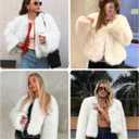 Shiyifa Women's Faux Fur Coat Long Sleeve Fleece Cropped Jacket Open Front Shaggy Warm Short Fall Winter Outerwear (White, M)