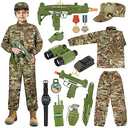 GIFTINBOX Army Costume for Kids, 15PCS Soldier Military Costume Dress Up Role Play Set with Army Accessories, Halloween Costumes for Boys Kids 3-13, Halloween Birthday Gift for Kid L