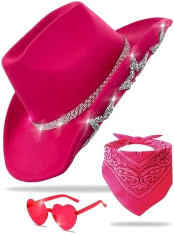 JICASTO Cowboy Hat for Women Men 6 Sparkly Stars Brim & Rhinestone Belt Western Cowgirl Hat with Sunglasses Bandanas Size 57