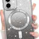 Bonoma Compatible with Samsung Galaxy S23 Plus Case Support for MagSafe, Plating Heart Glitter Magnetic Case TPU Camera Protection Back Cover for Phone Case -Silver