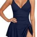 Aleumdr Ribbed One Piece Swimdress Swimsuits for Women Tummy Control Tie Knot Swim Skirt V Neck Bathing Suit (Large, Blue)