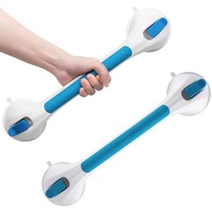 LEVERLOC 2 Pack Shower Grab Bars for Bathtubs and Showers, Easy to Install Suction Shower Handles for Bathroom Removable Handrails for Seniors Elderly Heavy Duty Safety Grip Waterproof Drill Free Blue