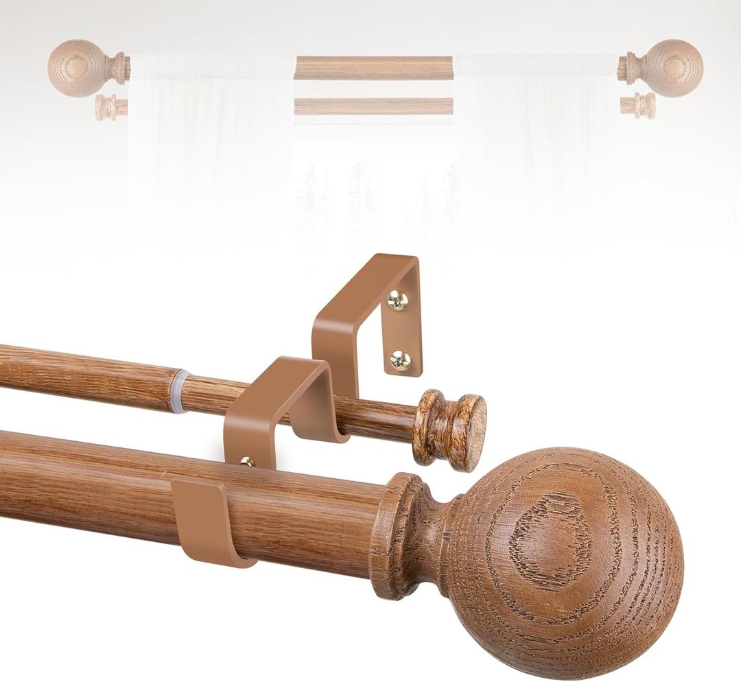 Wood Double Curtain Rods for Windows 36 to 88:Boho Wooden Double Rod Curtain Rods for Farmhouse Livingroom Bedroom 1Inch Heavy Duty Adjustable Dual Curtain Rod Decorative Imitation Wood Grain