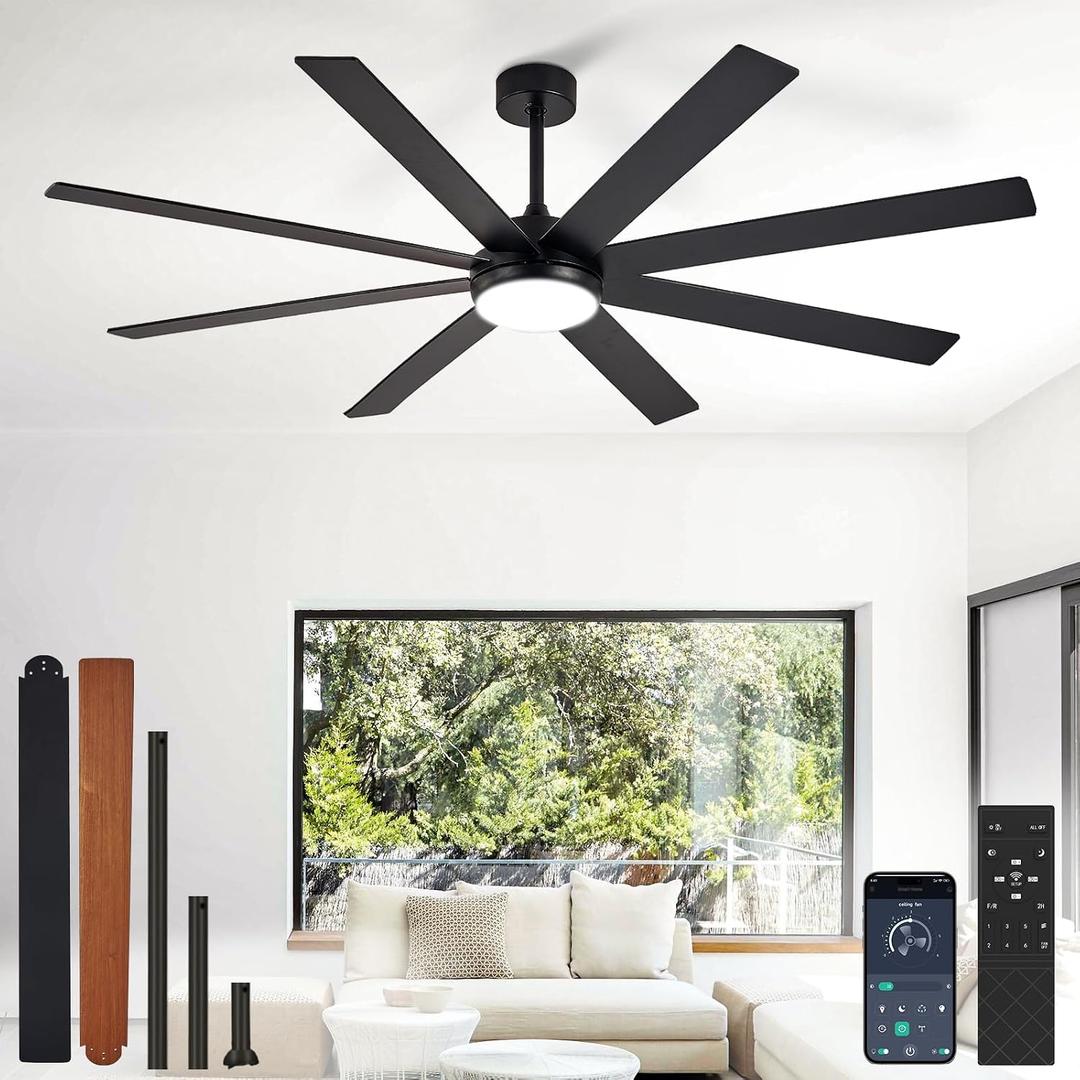 Depuley 66" Ceiling Fans with Lights: Black Indoor/Outdoor Ceiling Fan for Patios Living Room - 8 Blades Dimmable Large Ceiling Fans with Remote APP Control Timer Reversible Quiet DC Motor 6 Speeds