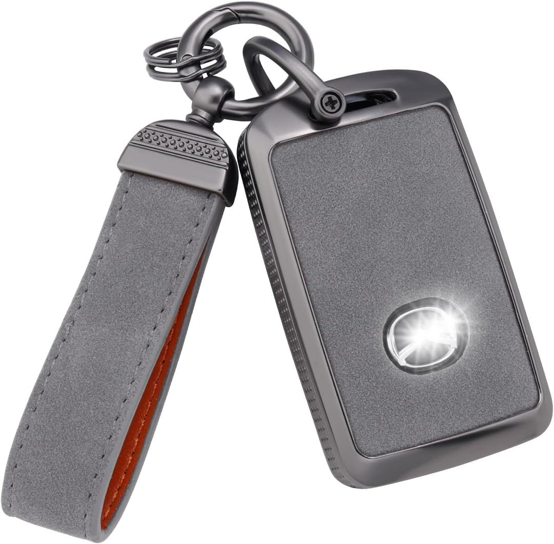YO&YOYE Compatible with Mazda Key Fob Cover with Keychain Leather Key Case Protector Fit for 2019-2022 3, 3 Hatchback, 2020-2022 CX-5, CX-30, CX-10 (Model 1, Grey)