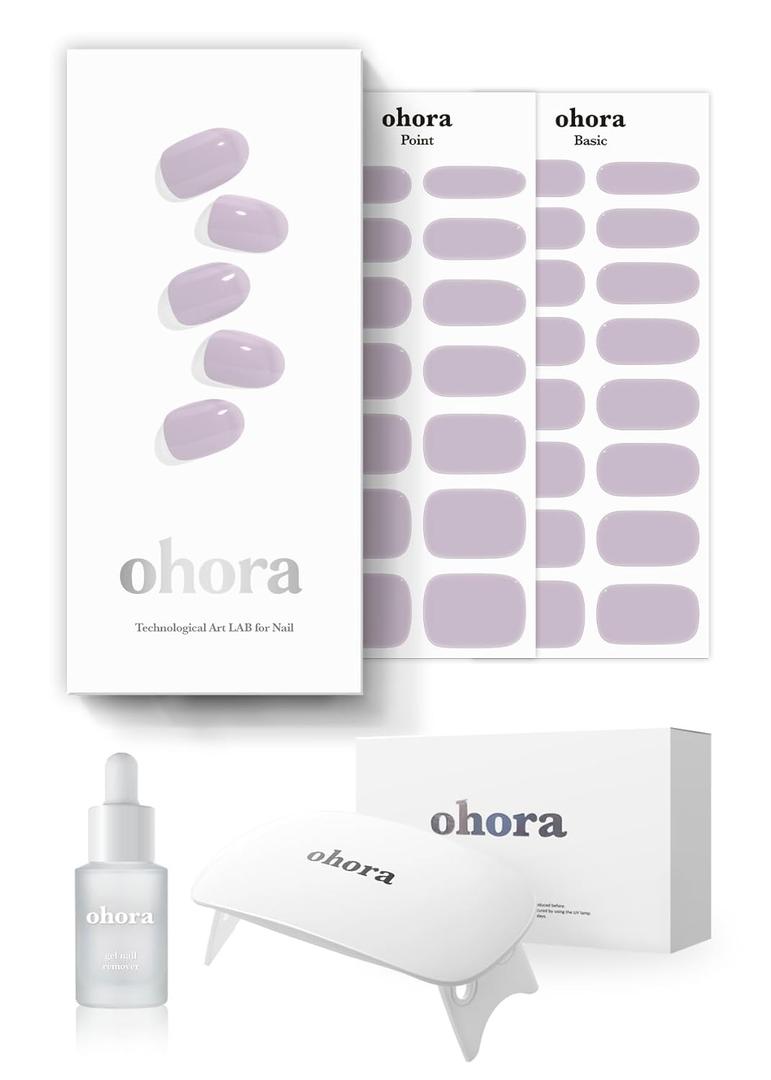ohora Semi-Cured Gel Nail Strips Value Set (N Cream Lavender Starter Kit) Includes Full Size Lamp and Mini Remover, Salon-Quality, Long Lasting, Easy to Apply & Remove