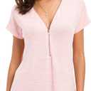 LUSMAY Women's Casual Zipper V Neck Short Sleeve Tunic Tops Loose Fitting T Shirts Blouse (Pink, M)