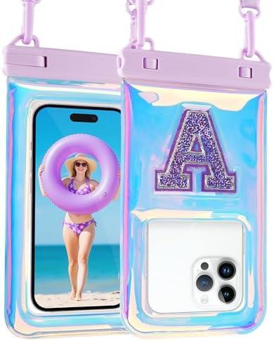 Waterproof Phone Pouch Floating, Fashion Bling Letters Cell Phone Dry Bag for iPhone 16 15 14 13 12 11 Pro Max, Galaxy S25 S24 S23 S22 Ultra Google, Up to 7.5 Inch, Glitter Letter A Iridescent 2 Pack