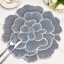Evevda Silver Placemats Set of 6 15 Inch Metallic Pressed Vinyl Flower Place Mats Non Slip Washable Waterproof PVC Table Mats for Dinner Party Table Decoration
