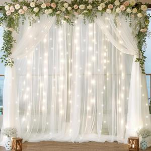 10ft x 10ft White Chiffon Backdrop Curtain with Lights String for Parties,2 Panels Sheer Tulle Curtain Wedding Backdrop with Lights for Baby Shower Birthday Party Ceremony Reception Home Decorations