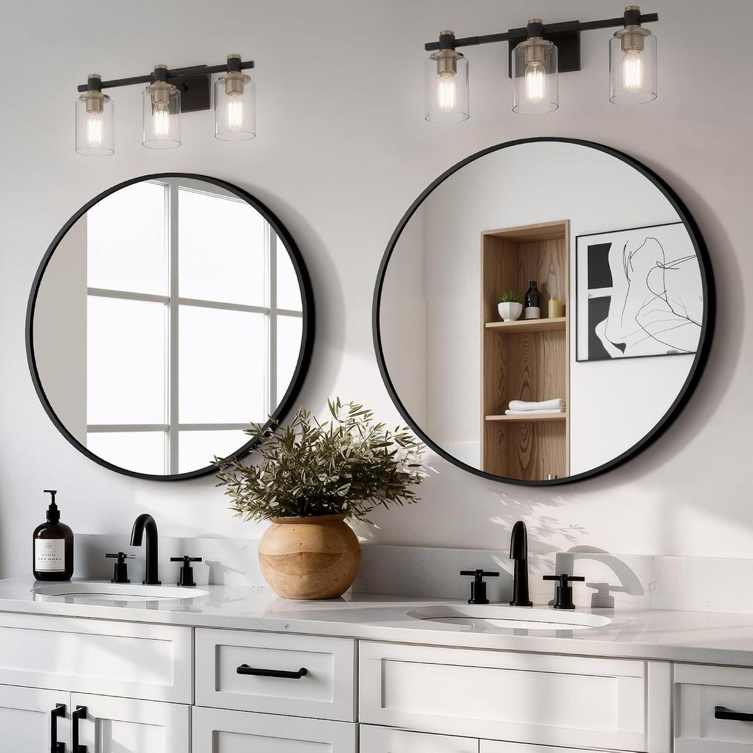22 Inch Round Bathroom Mirror, 2 Pack Black Metal Framed Circle Wall Mirror for Over Sink, Modern Vanity Mirror for Bathroom with Tempered Glass