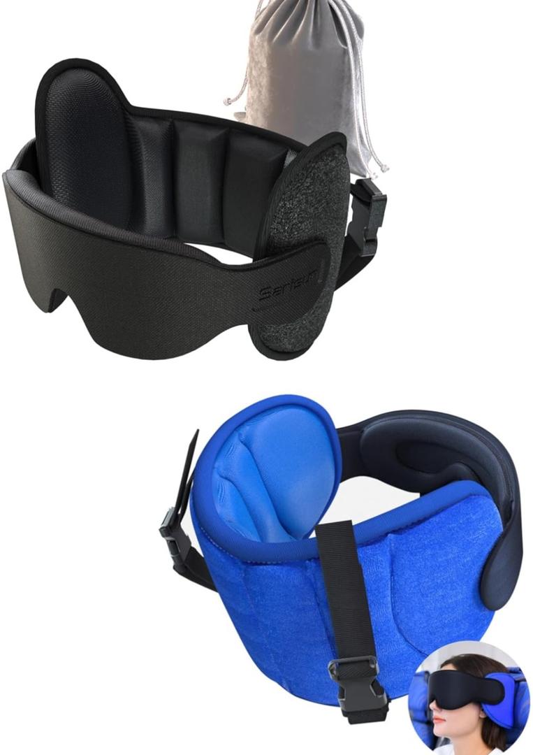 Travel Pillows for Airplanes, Airplane Pillow with 3D Eye Mask for Sleeping, 360° Support Headrest for Long Flight, Road Trip, Stop Bobblehead Travel Essential Airplane Sleep Head Strap, Blue