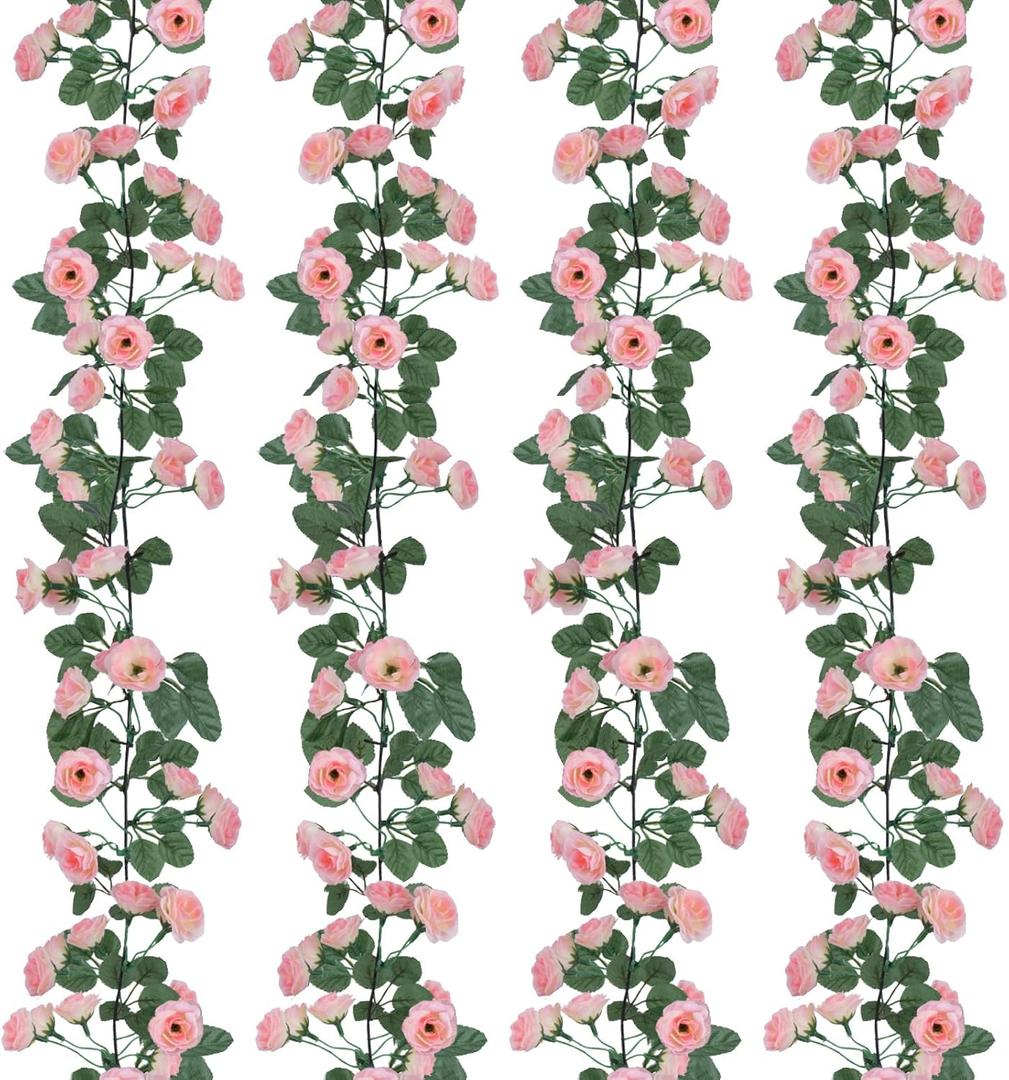 4 Pack 24 FT Artificial Flower Garland, Fake Pink Rose Vines Silk Flowers Hanging Floral Vines Garland for Wedding Arch Bedroom Home Wall Backdrop Room Decor (Pink)