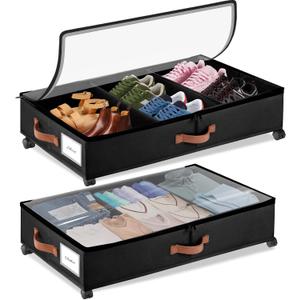 2Pack Under Bed Storage with Wheels, Upgrade Foldable Underbed Storage Containers Organizers Bins, Under Bed Shoe Storage Organizer for Clothes Shoes Blankets Sweater (Black)