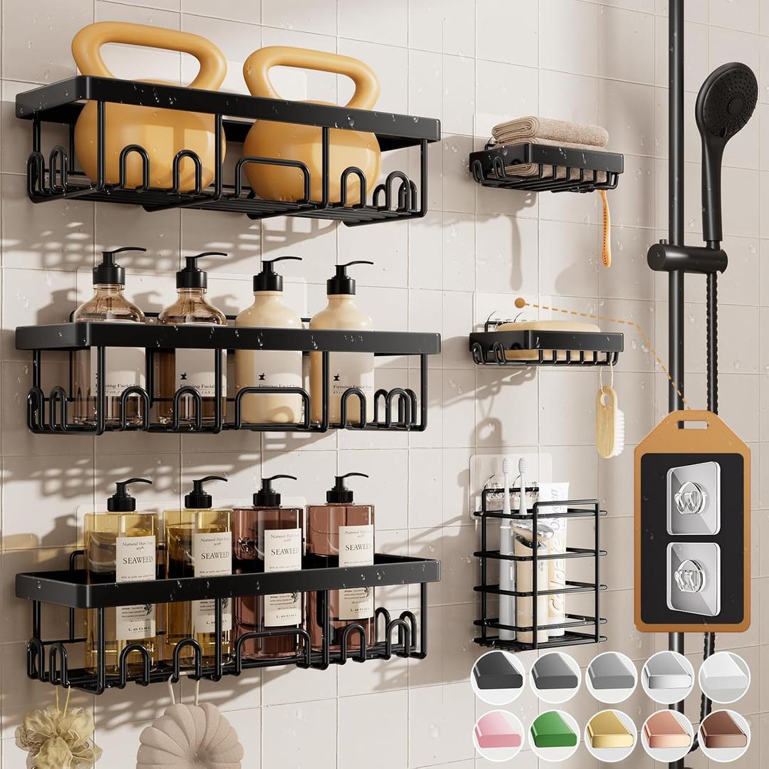 Veken Rustproof & Waterproof Shower Caddy 6-Pack, No Drilling Adhesive Shelves Rack with Soap Holder, Large Capacity Bathroom Organizers and Storage, Wall-Mounted Kitchen & Home Decor (6-Piece Set (Rustproof Upgrade), Black)